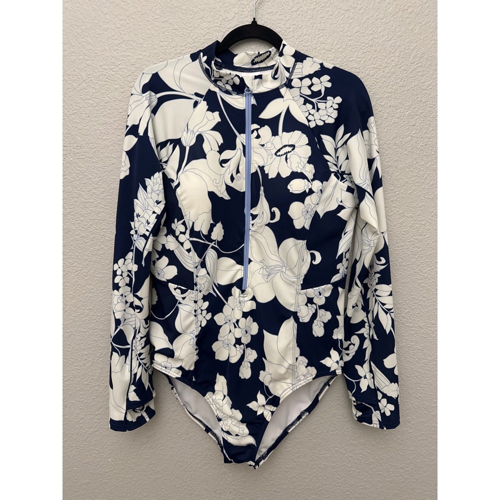 Lands End Swimsuit Navy Blue Floral Long Sleeve Swimsuit Rash Guard Size 16